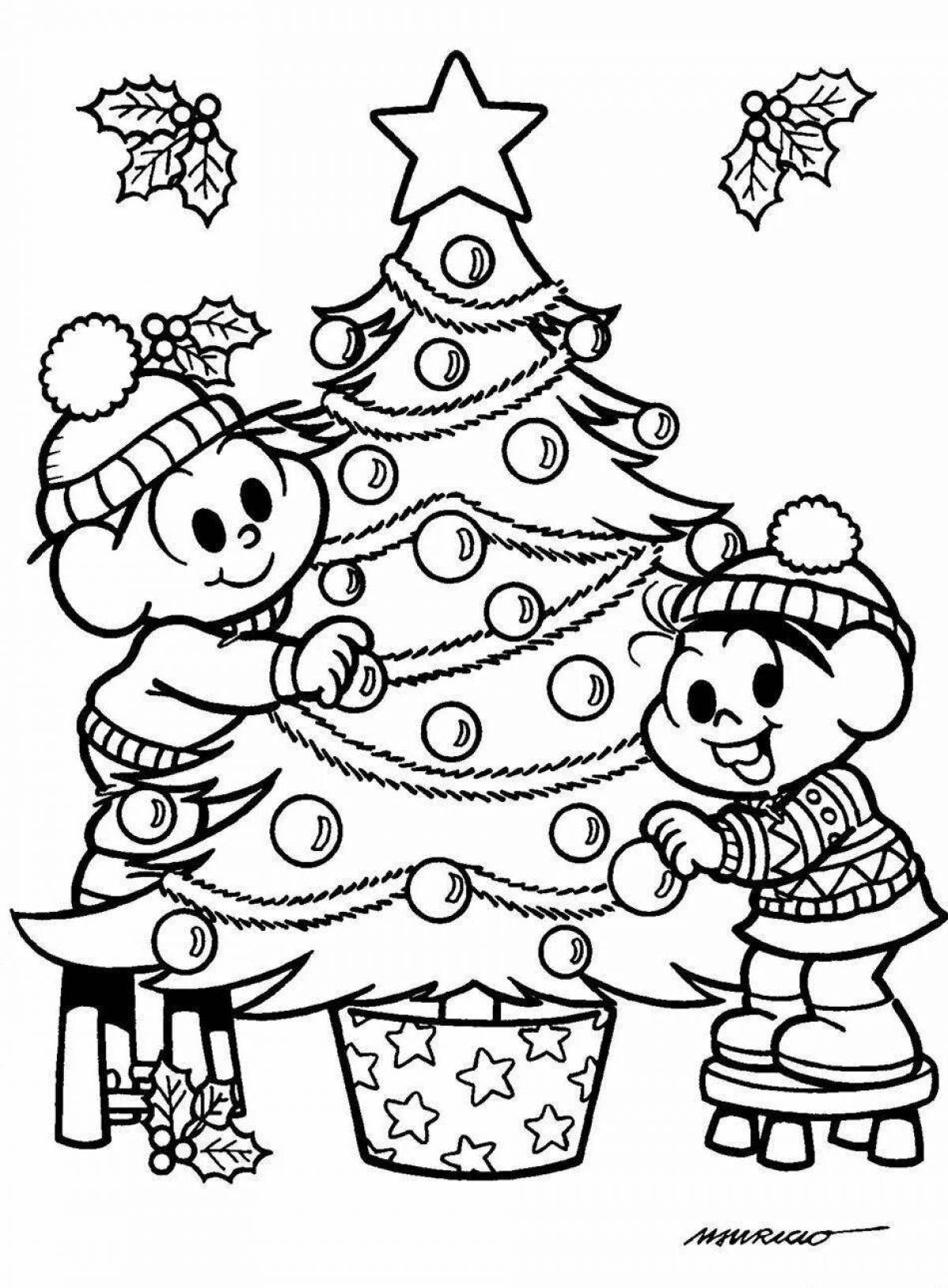 A playful Christmas tree coloring page for 5-6 year olds