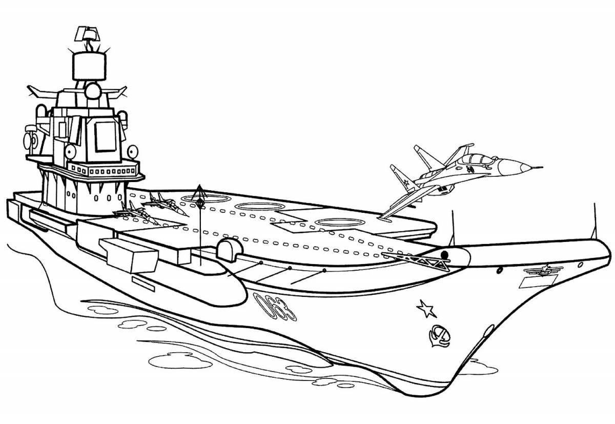 Веселая раскраска военного корабля для детей 3-4 лет