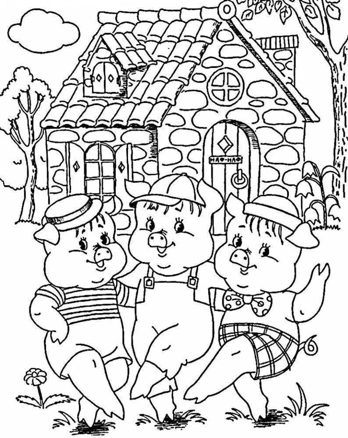 Colorful coloring three little pigs for kids