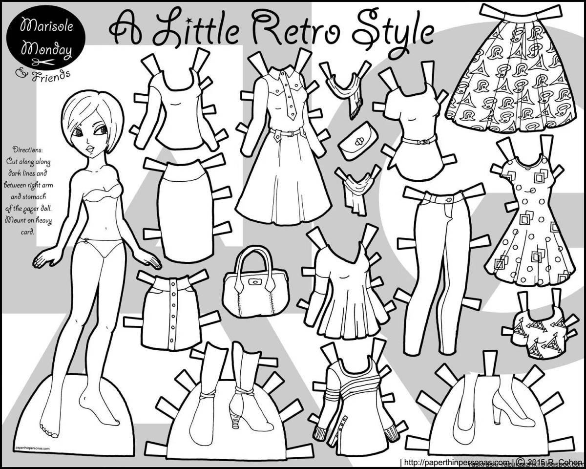 Detailed coloring paper dolls with clothes