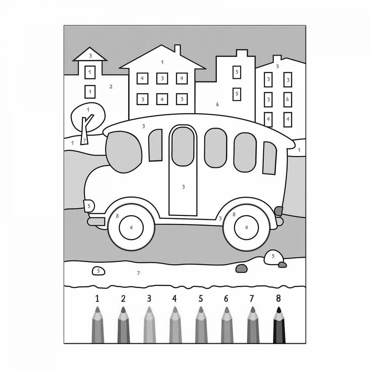 Colorful coloring page with car number for 5-6 year olds