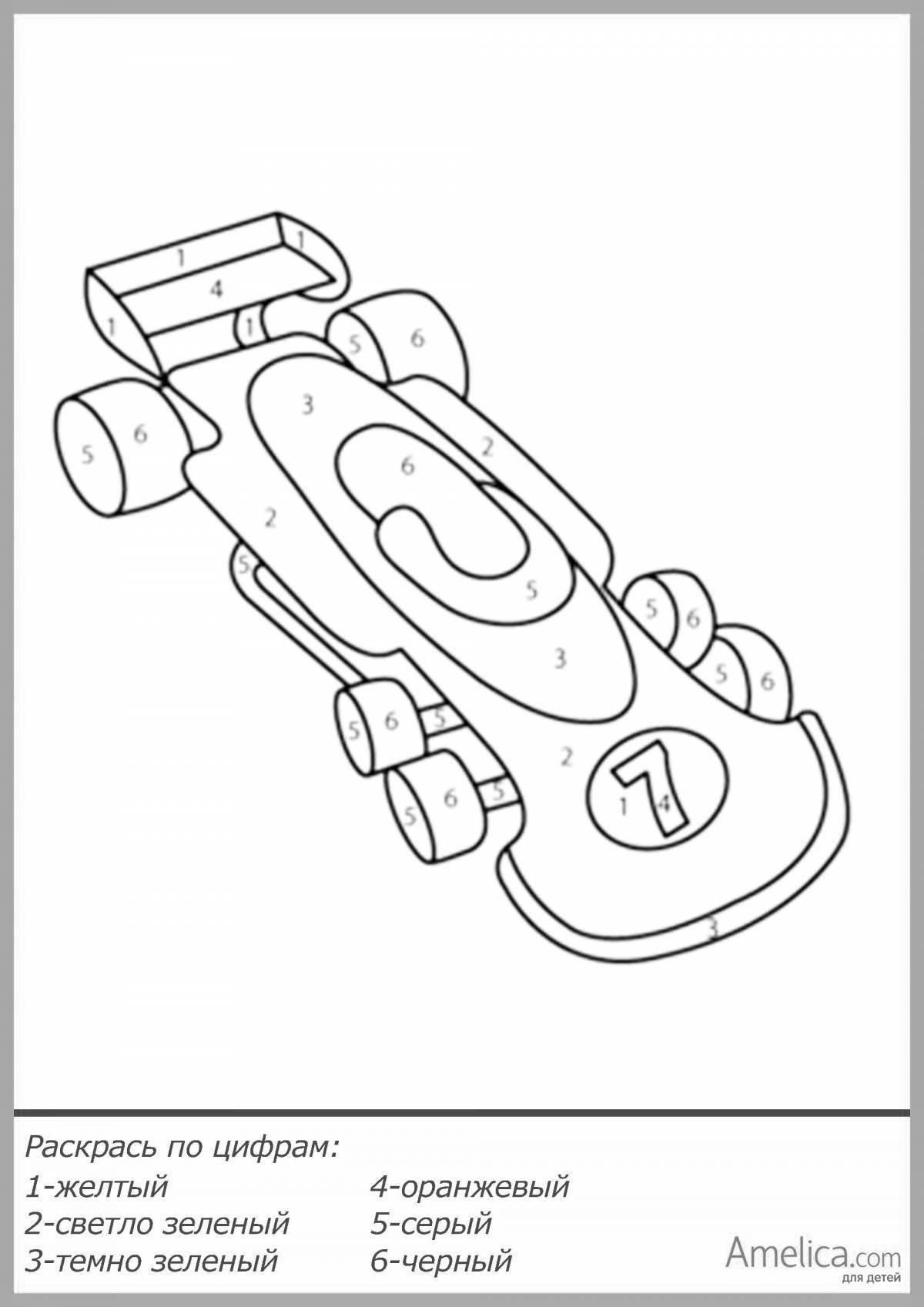 Bright coloring page with car number for 5-6 year olds