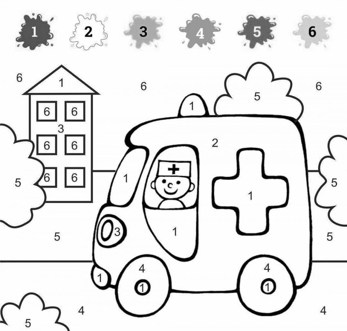 Fun coloring with car number for children 5-6 years old