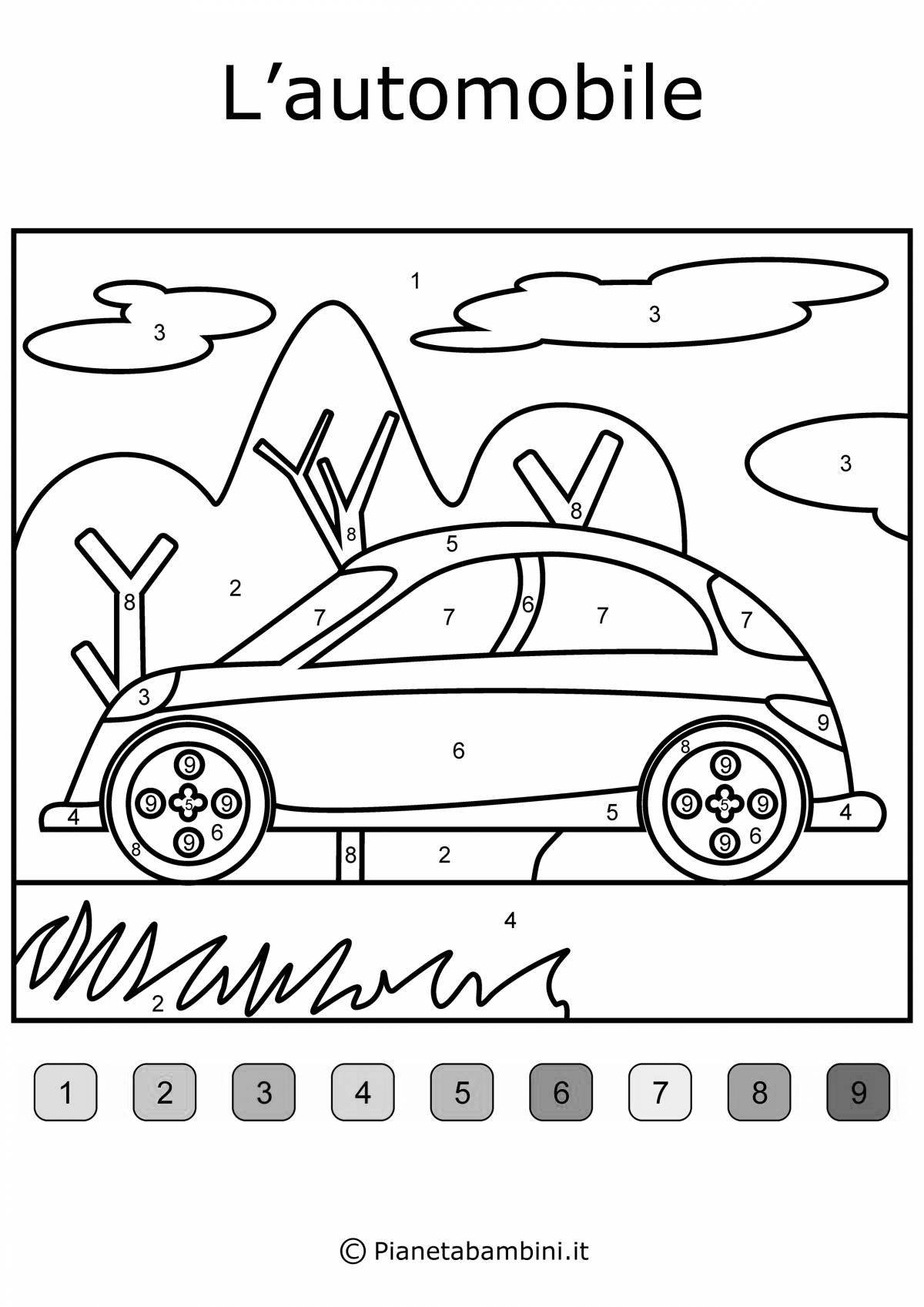Adorable coloring page with car number for 5-6 year olds