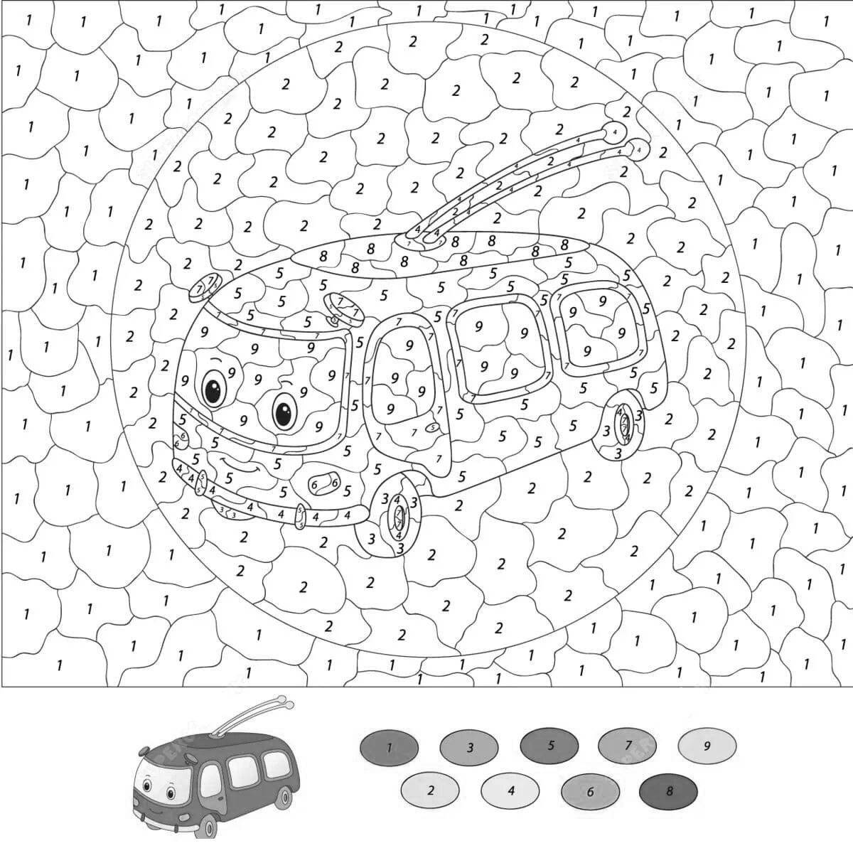 Colorful coloring page with car number for 5-6 year olds