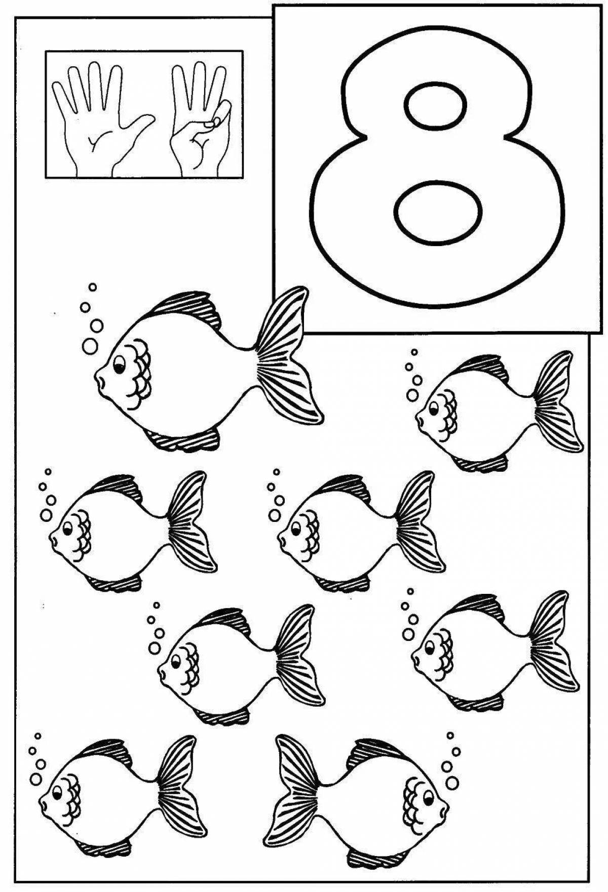 Цифры рыбы. Цифра 8 раскраска для детей. Раскраска цифра 8 для дошкольников. Рыбки счет задания для дошкольников. Счёт с рыбками для дошкольников.