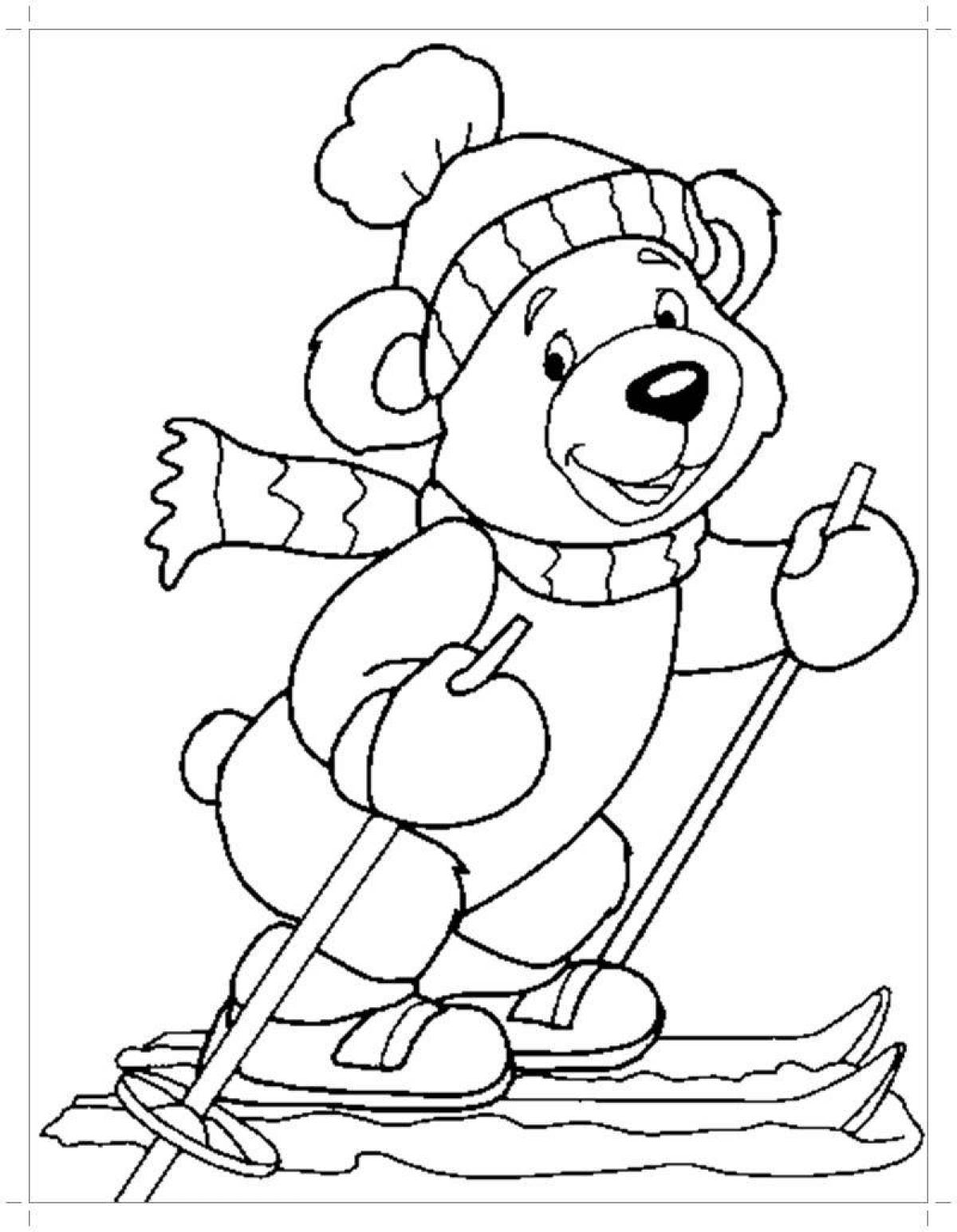 Playful coloring bear in winter