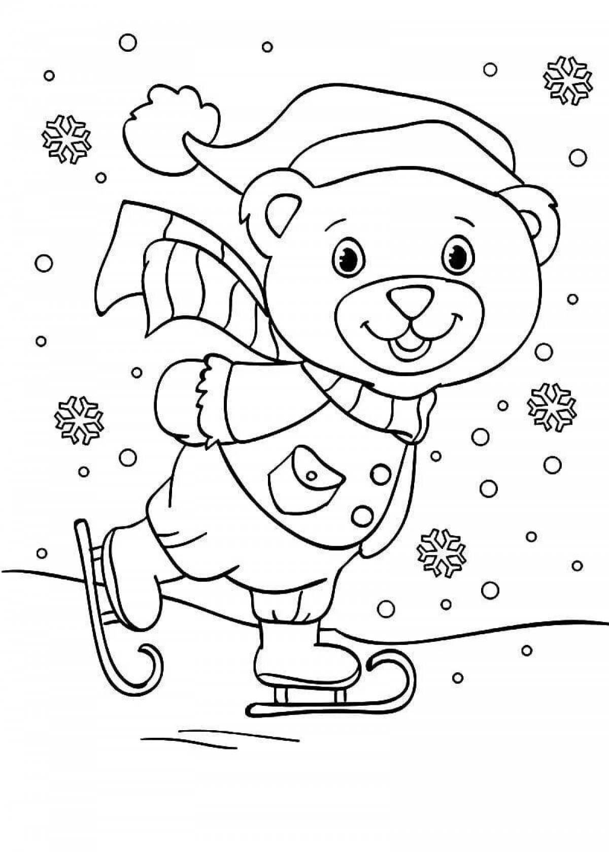 Whimsical coloring bear in winter