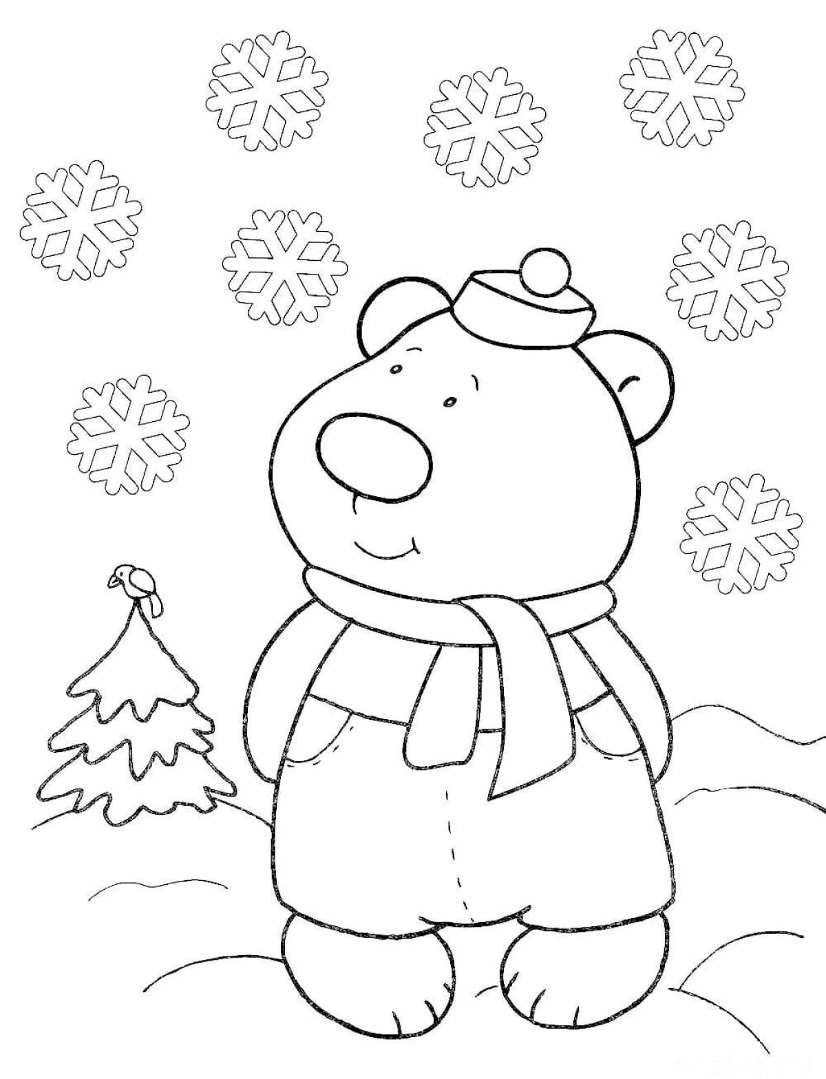 Coloring book snowball bear in winter