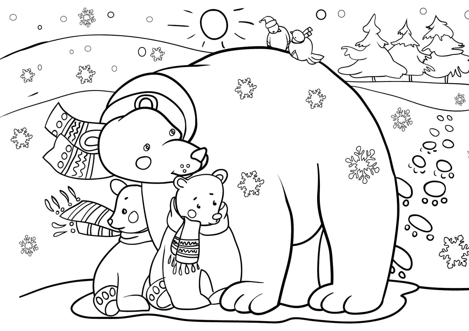 Coloring book snowflakes bear in winter