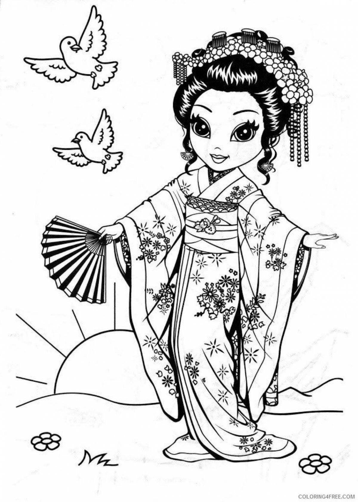 Coloring book elegant Japanese woman