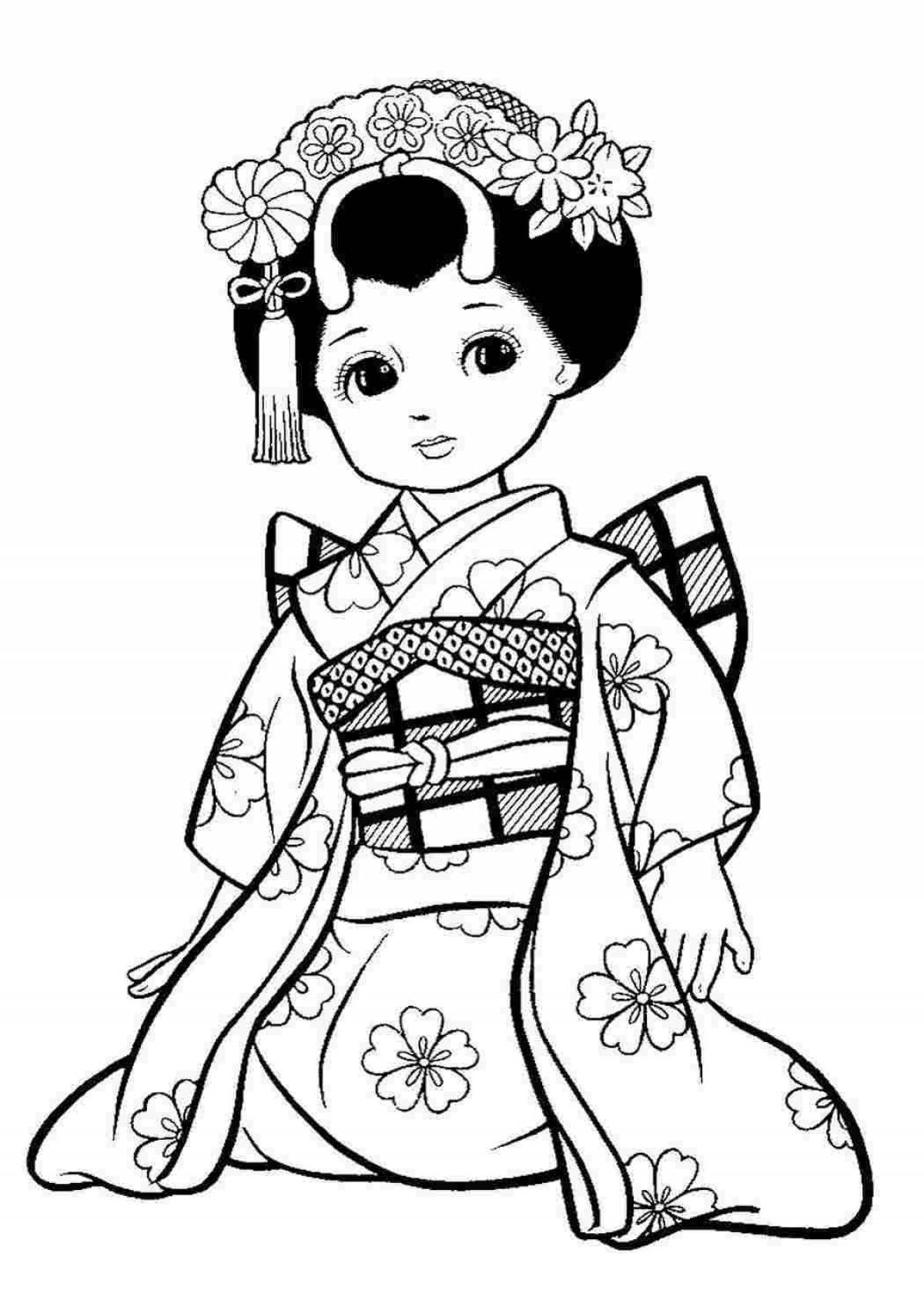 Coloring book cheerful Japanese woman
