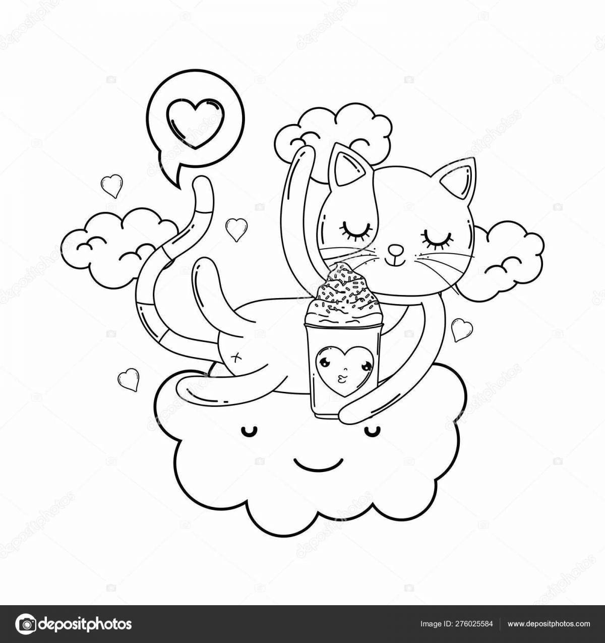Раскраска веселая кошка с мороженым