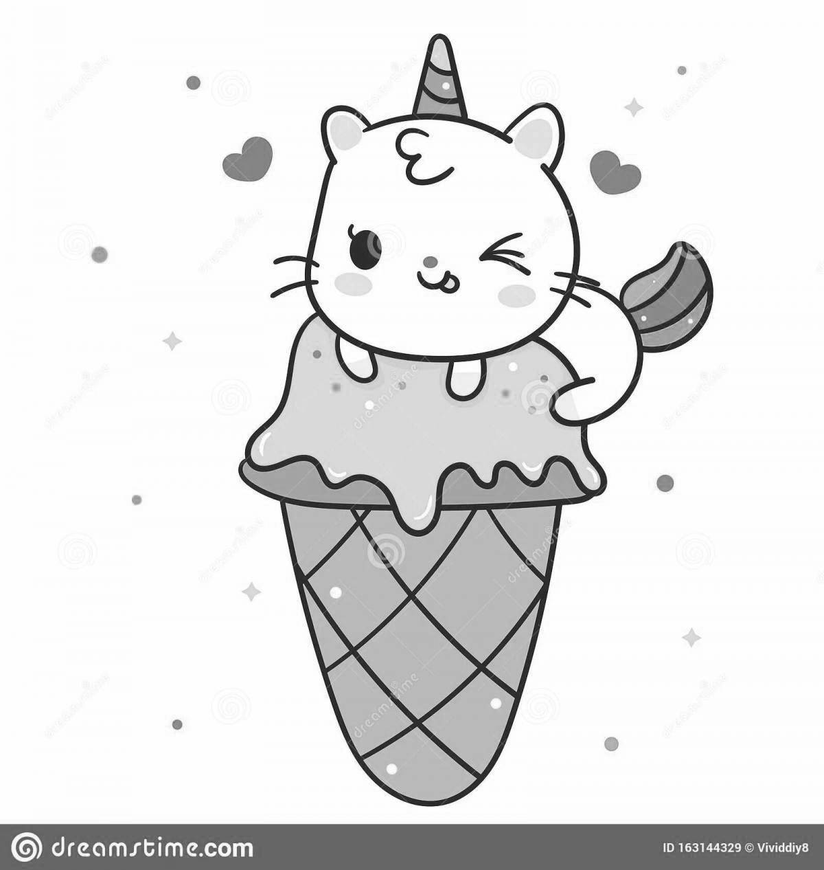 Раскраска креативная кошка с мороженым