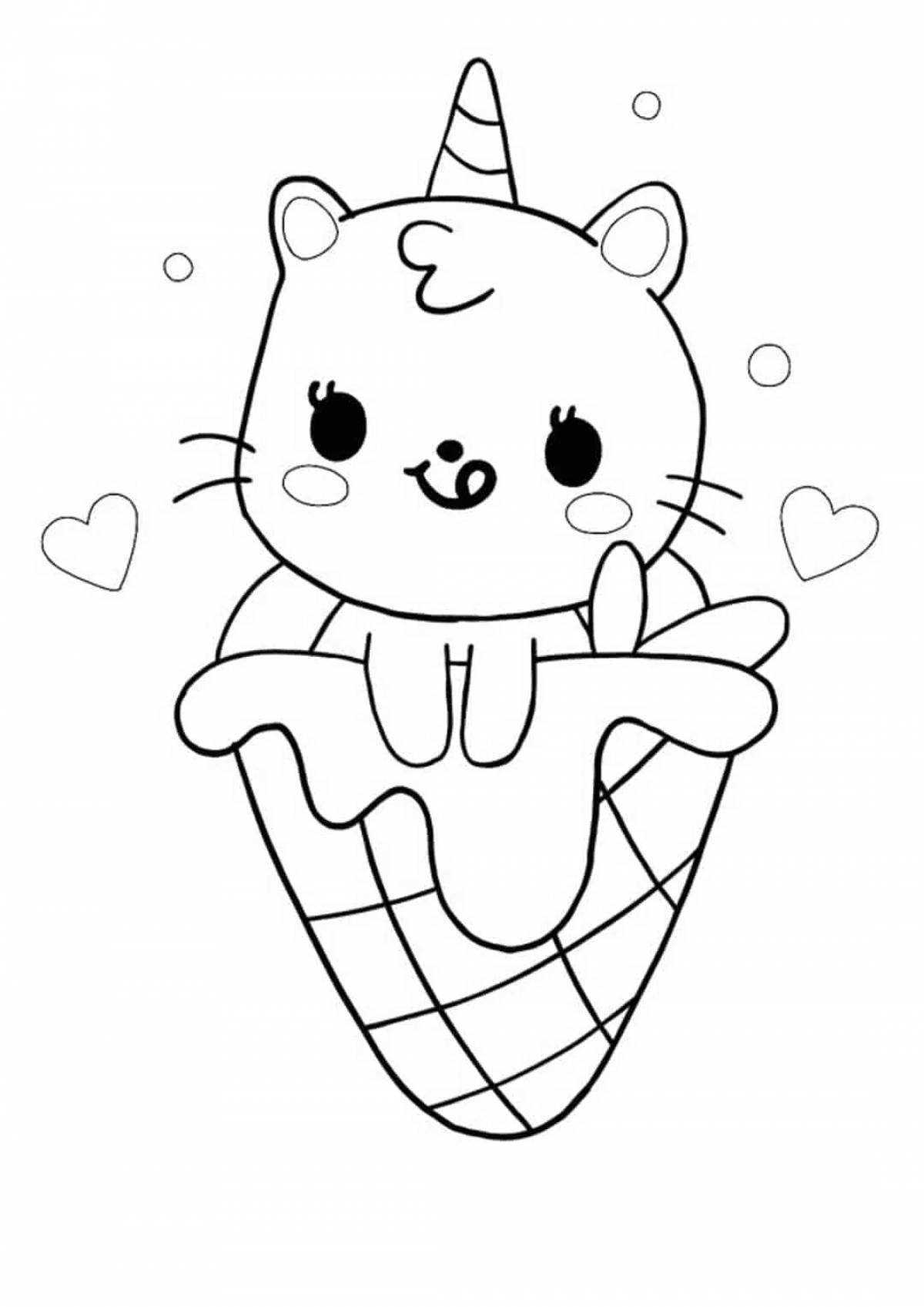 Раскраска яркая кошка с мороженым