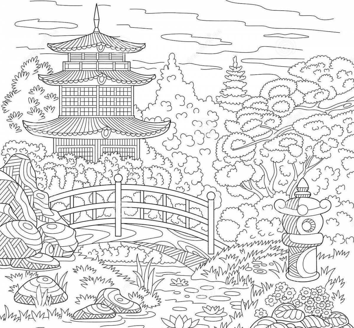 Красочная страница раскраски с китайскими мотивами