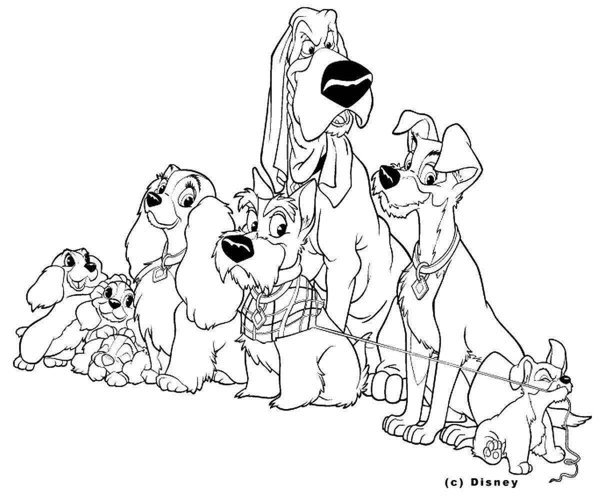 Coloring page of playful dog family