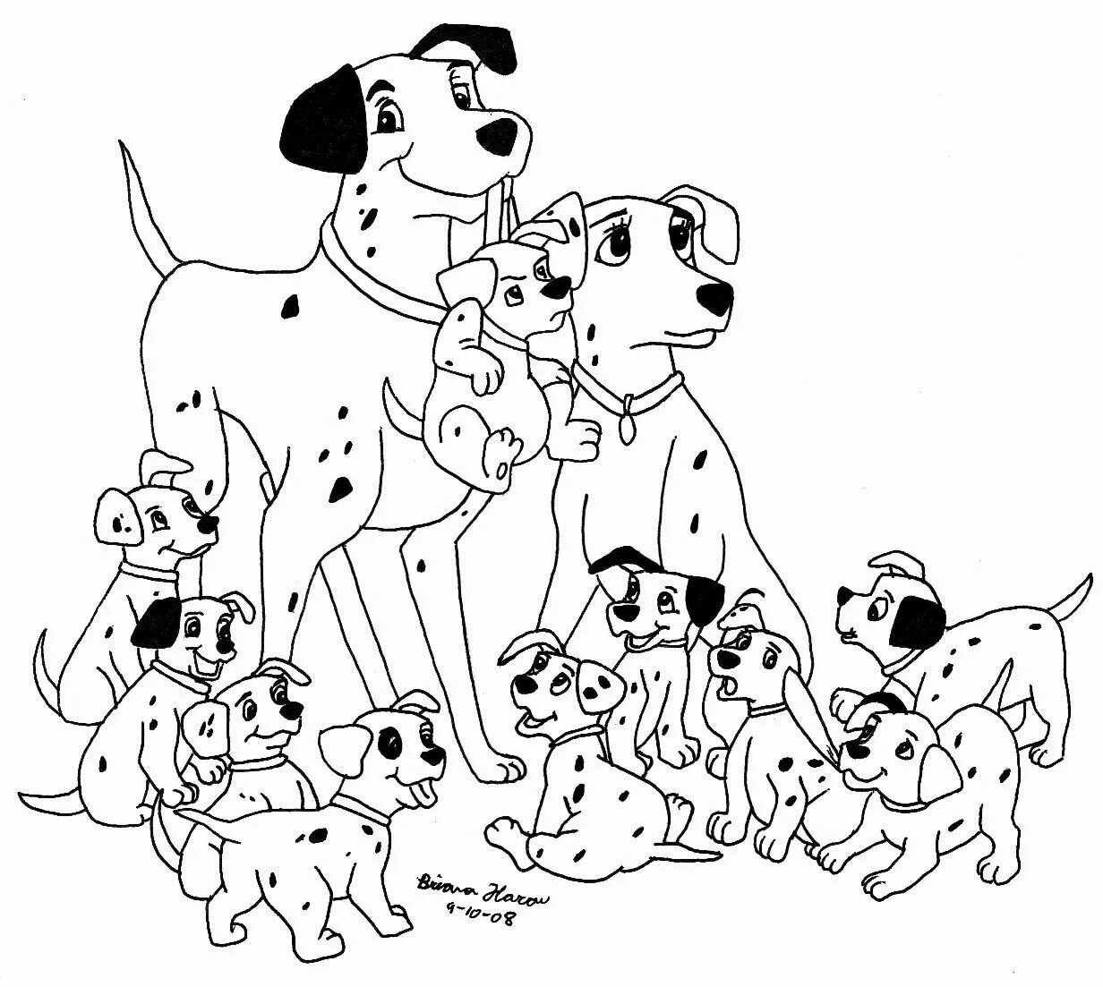 Coloring book family hugging dogs