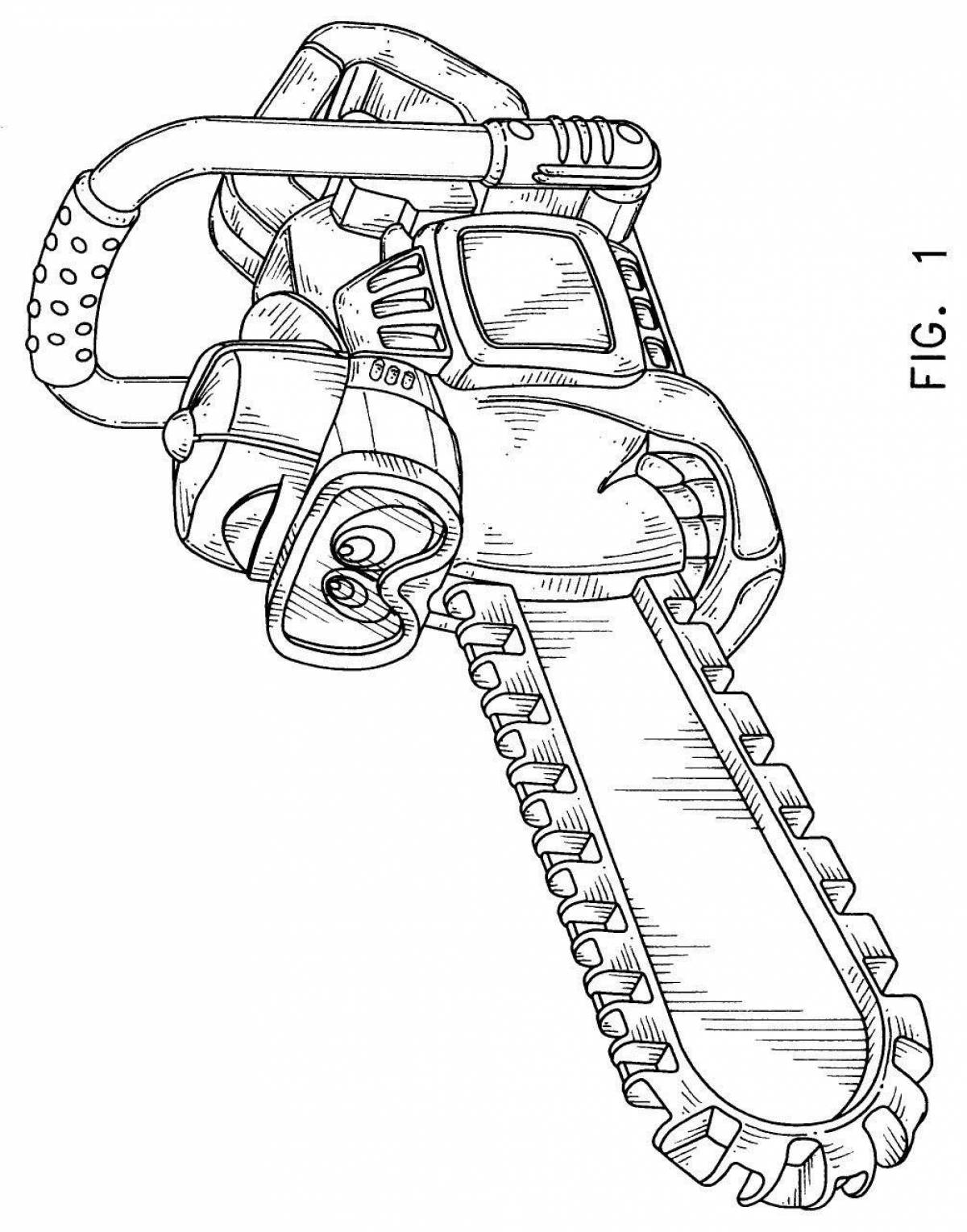 Intricate coloring page of a man with a chainsaw