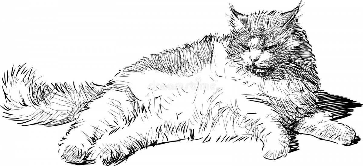 Coloring page funny cat lies