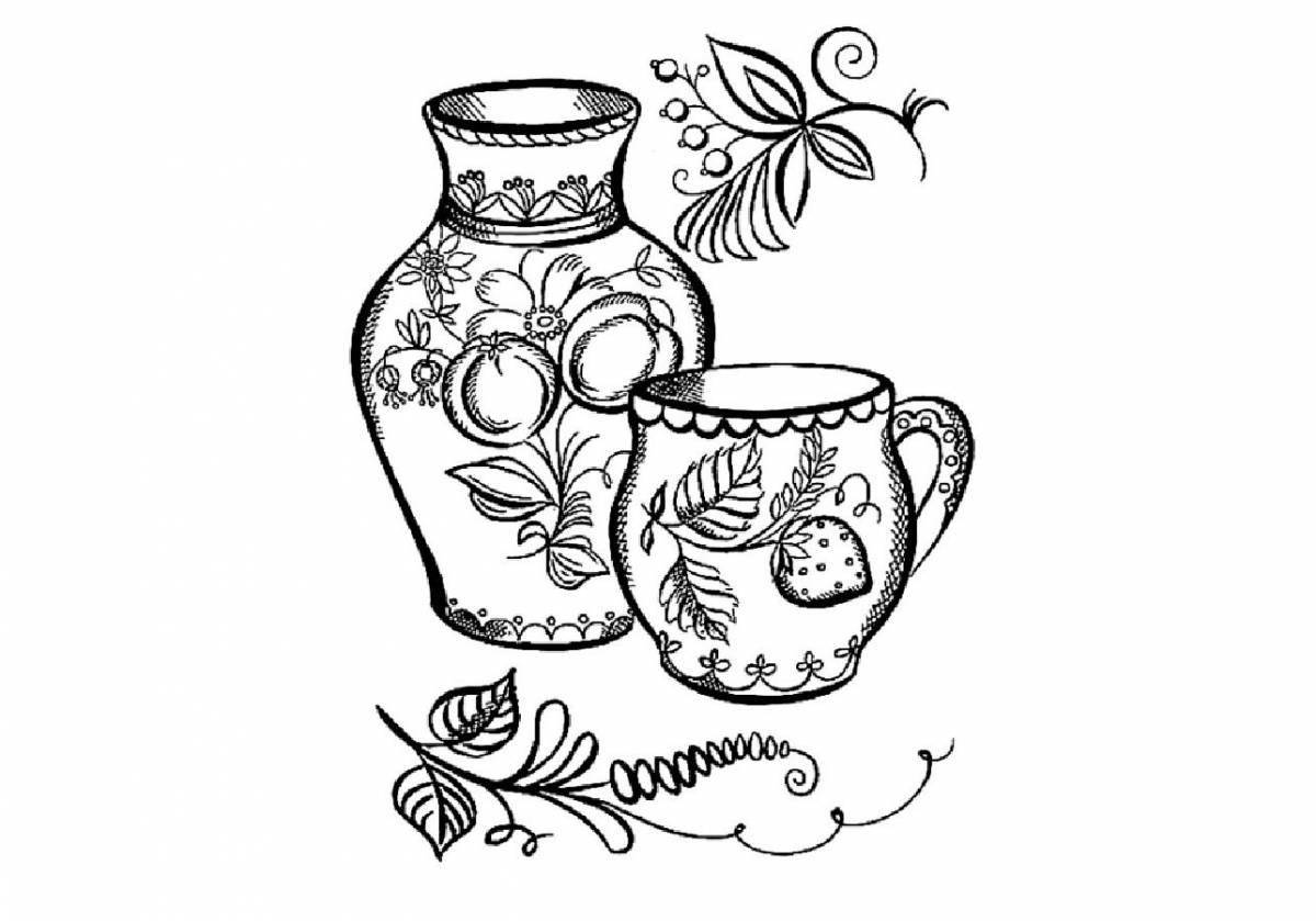 Coloring page elegant Gzhel dishes