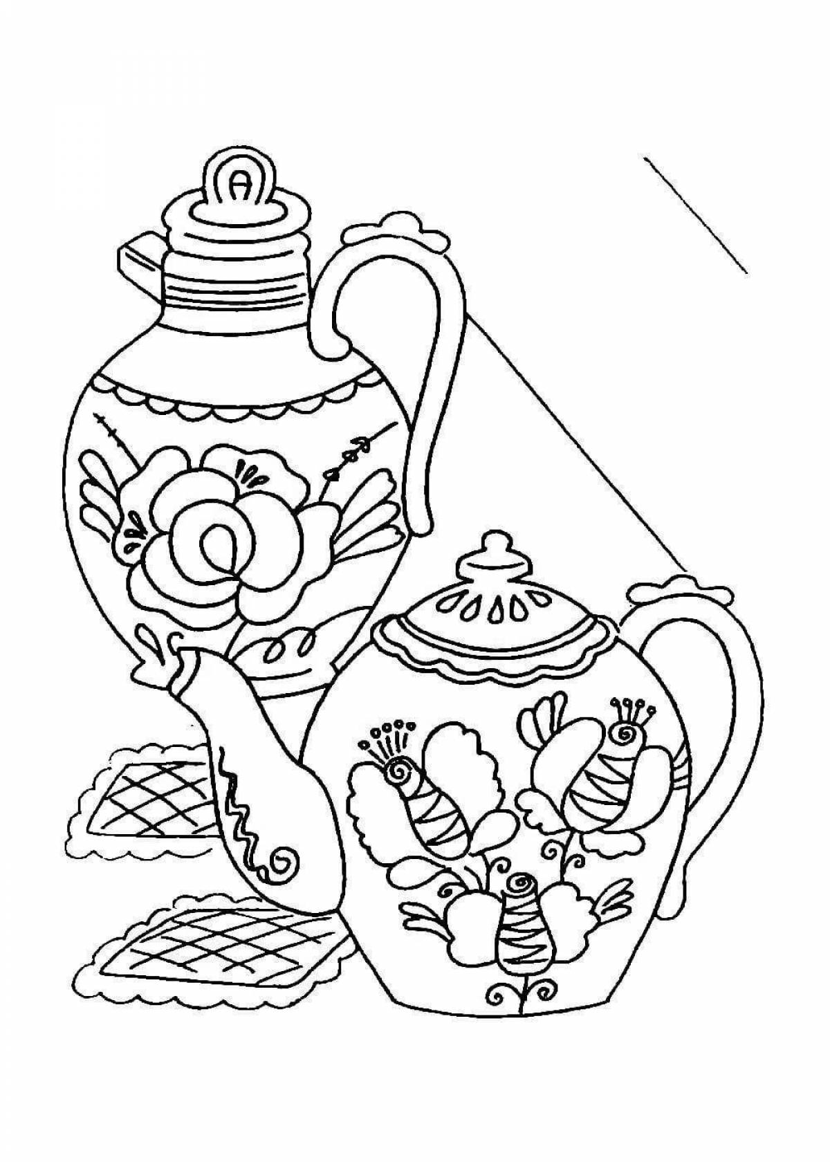 Coloring page tempting Gzhel dishes