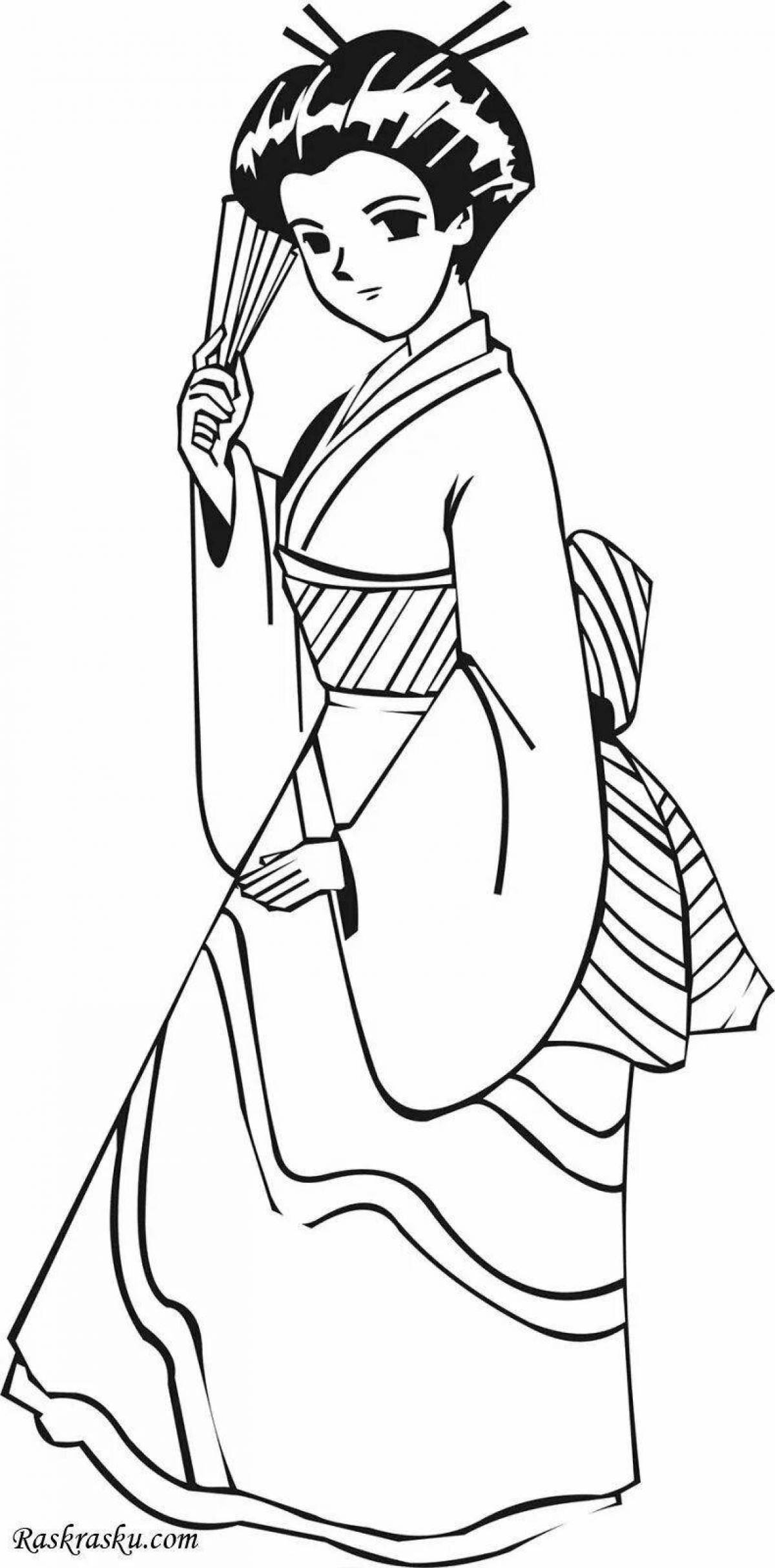 Charming Japanese kimono coloring