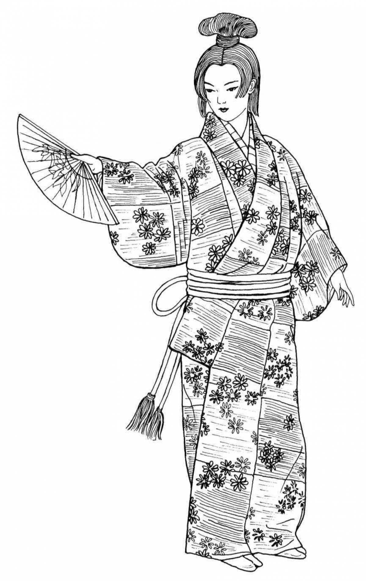 Coloring book exquisite Japanese kimono