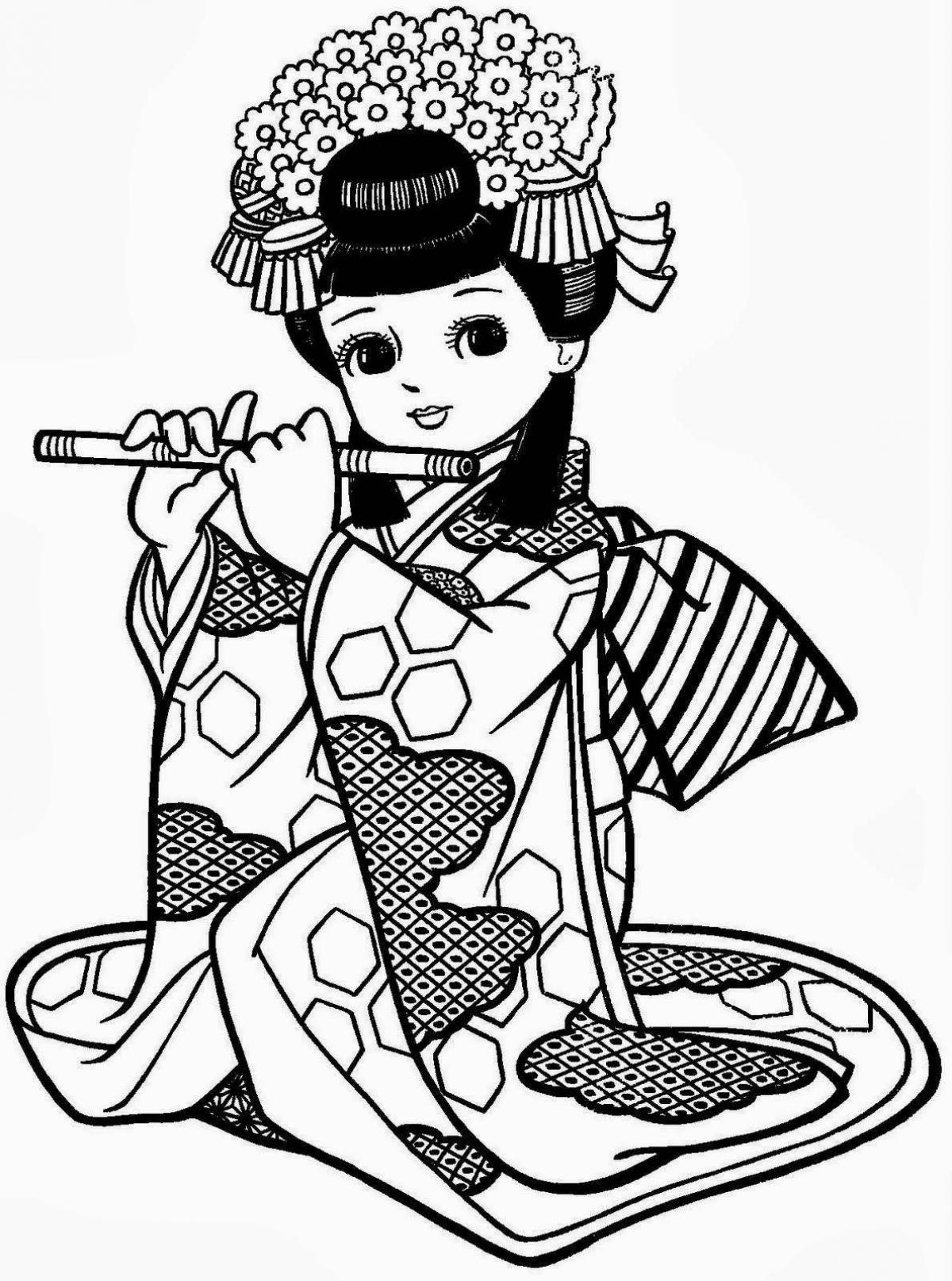 Coloring book gorgeous Japanese kimono