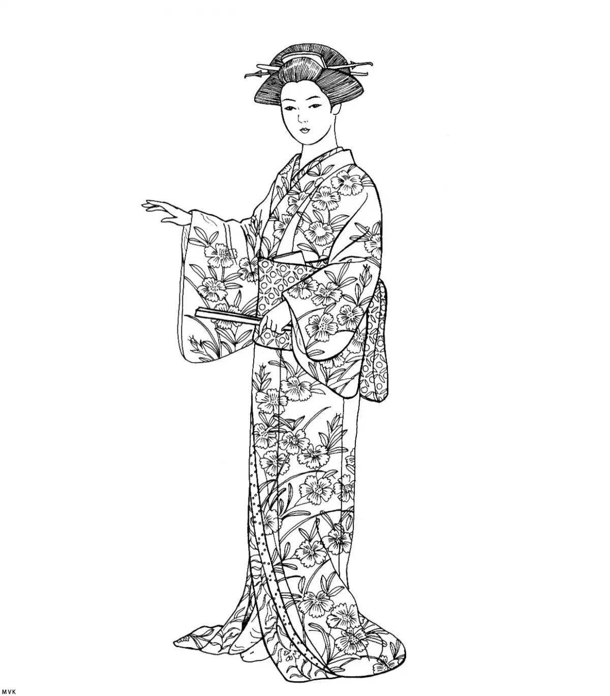 Coloring book elegant Japanese kimono