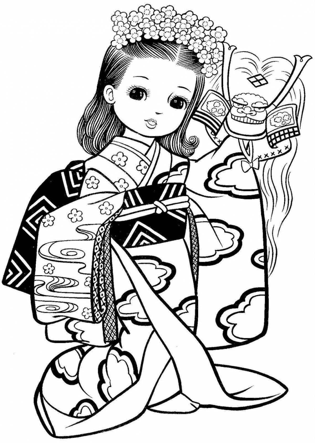 Coloring book elegant Japanese kimono