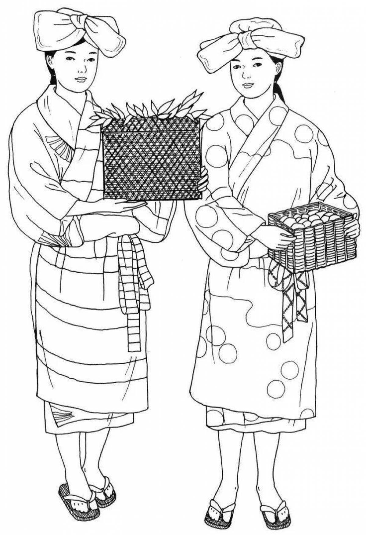 Замысловатая раскраска японского кимоно