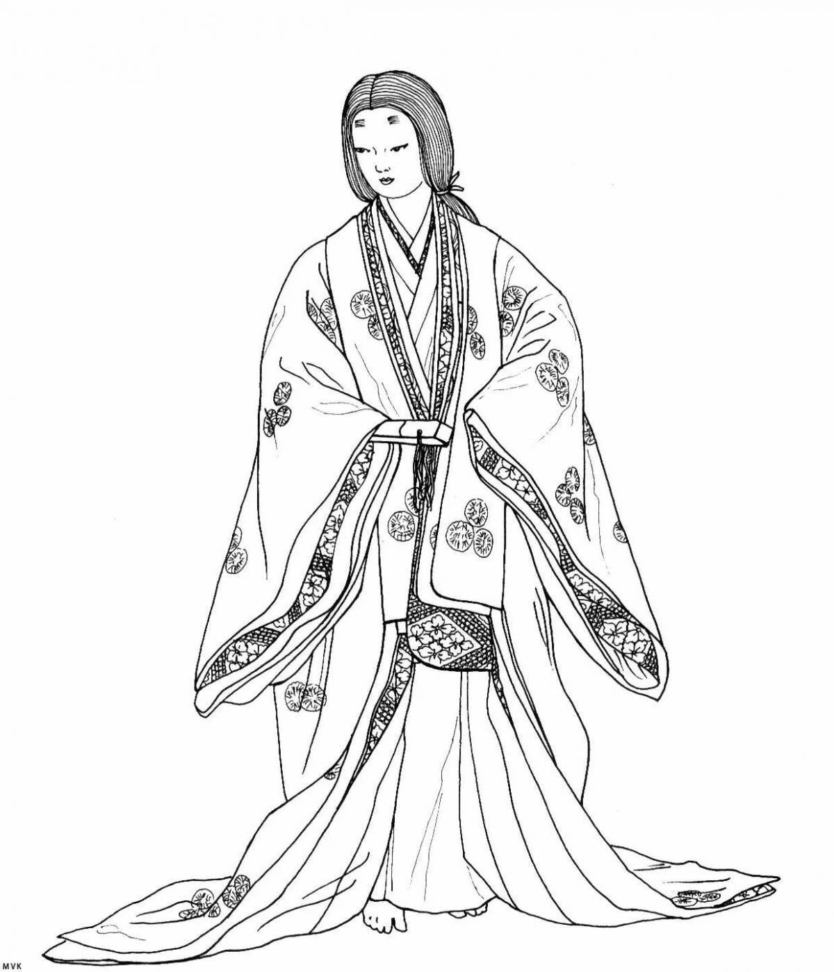 Coloring book decorated Japanese kimono