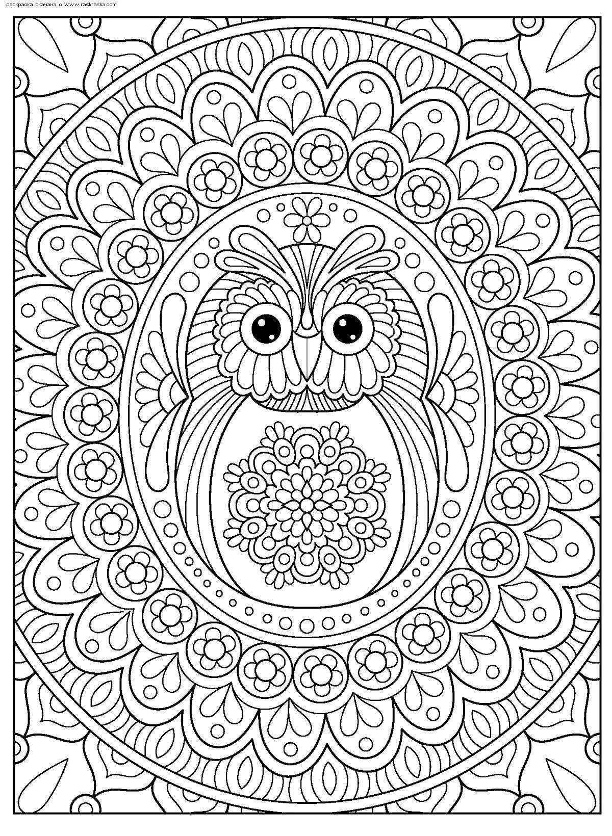 Radiant coloring page complex owl