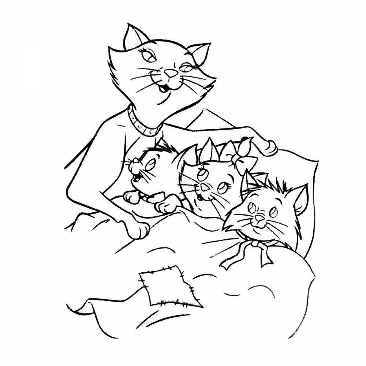 Coloring page of a playful cat family