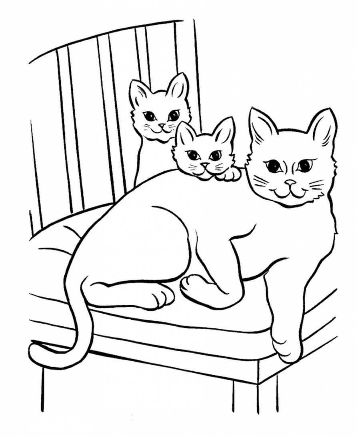 Раскраска веселая кошачья семья