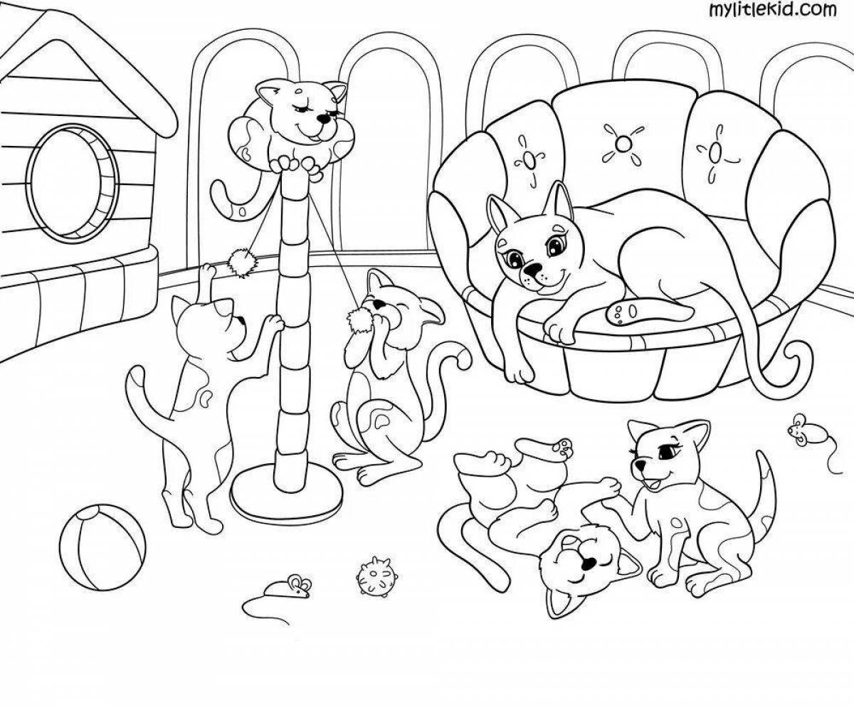 Coloring book fluffy cat family