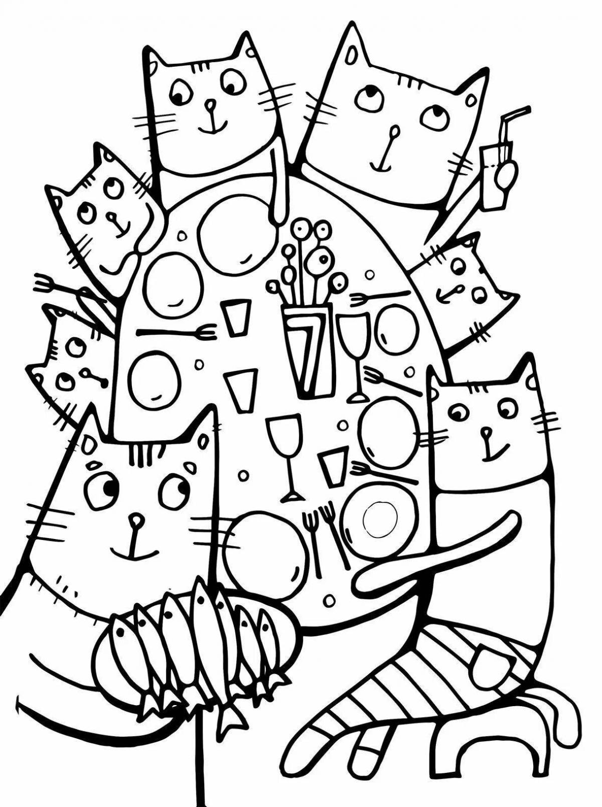 Раскраска забавная кошачья семья