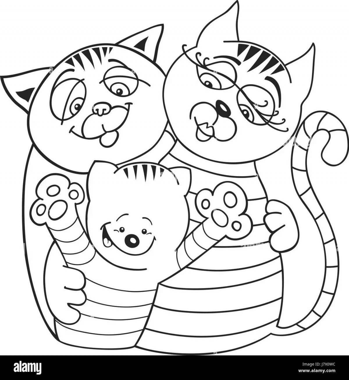 Coloring cat family joyful moment