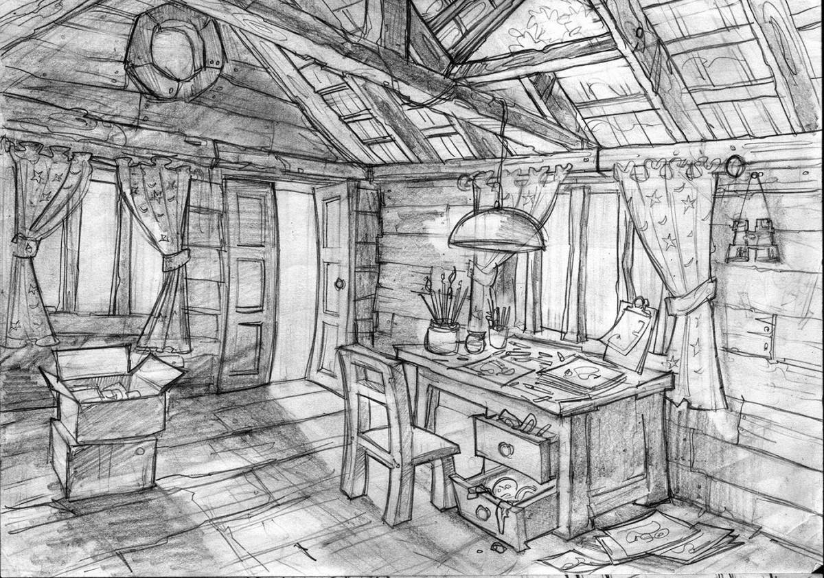 Hut inside coloring page