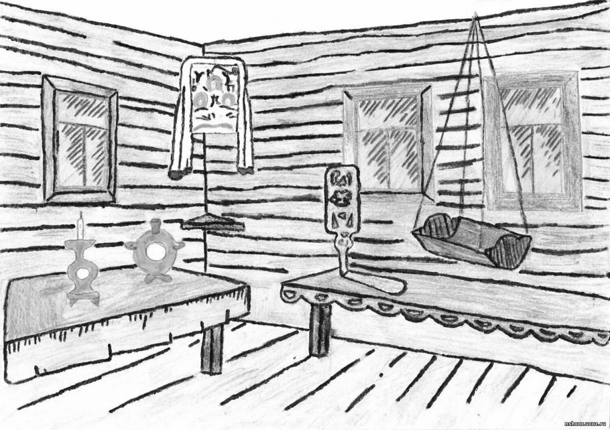 Mystical hut inside coloring page