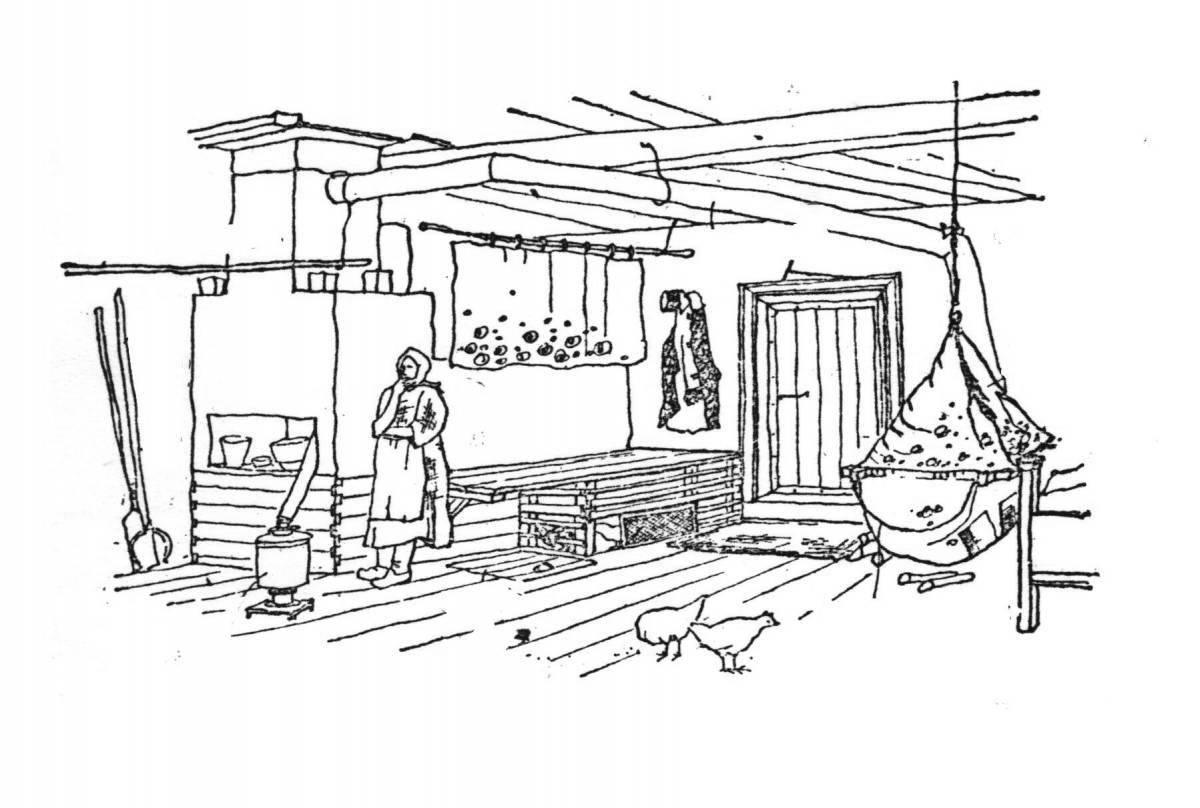 Silent hut inside coloring page