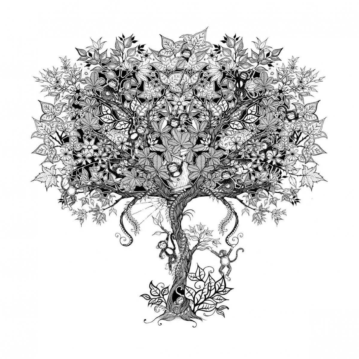 Serene fairy tree coloring page