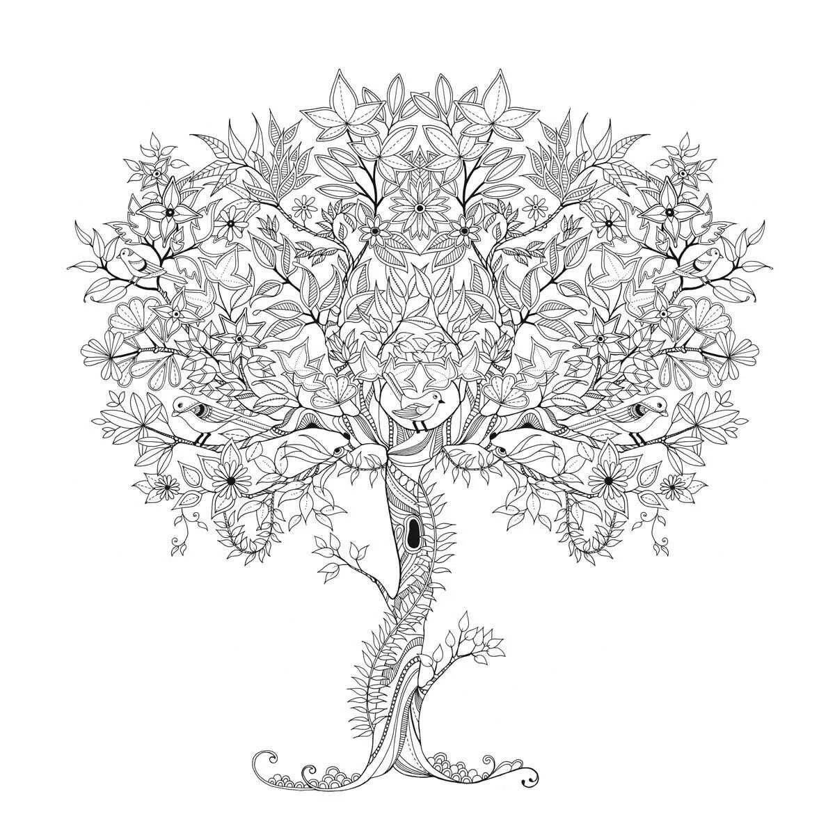 Роскошная раскраска сказочного дерева