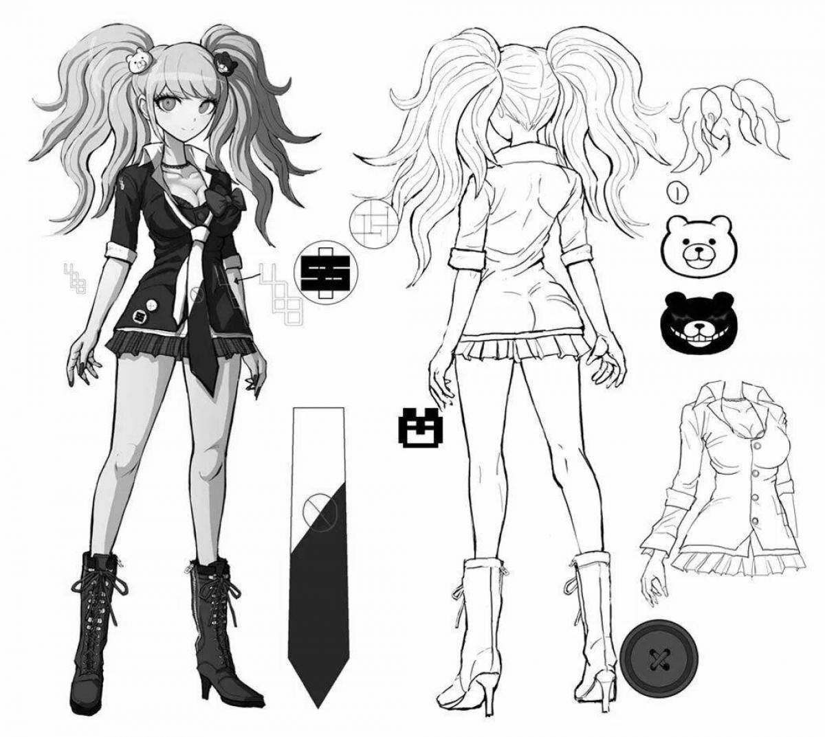 Junko manga. Danganronpa Happy Havoc. Danganronpa Happy Havoc персонажи. Джунко Эношима раскраска в полный рост. Аниме персонажи Джунко.