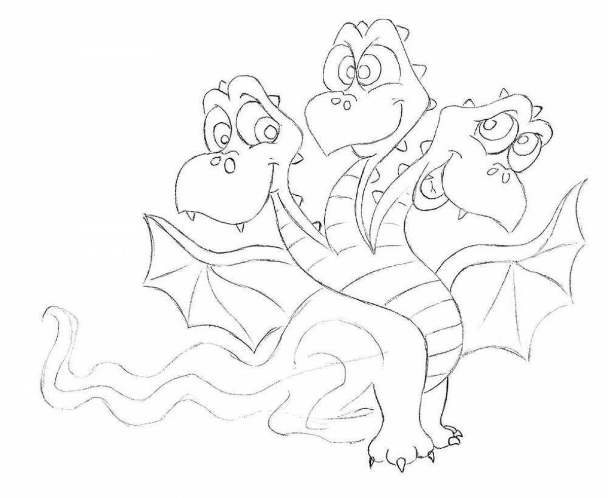 Coloring page for a powerful three-headed dragon