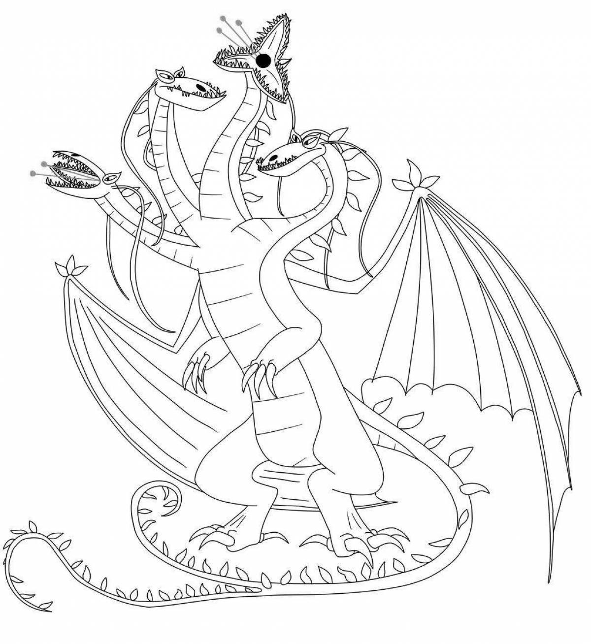 Impressive three-headed dragon coloring page