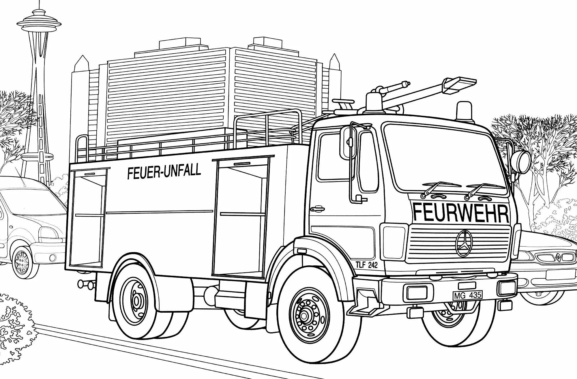 Playful fire equipment coloring page