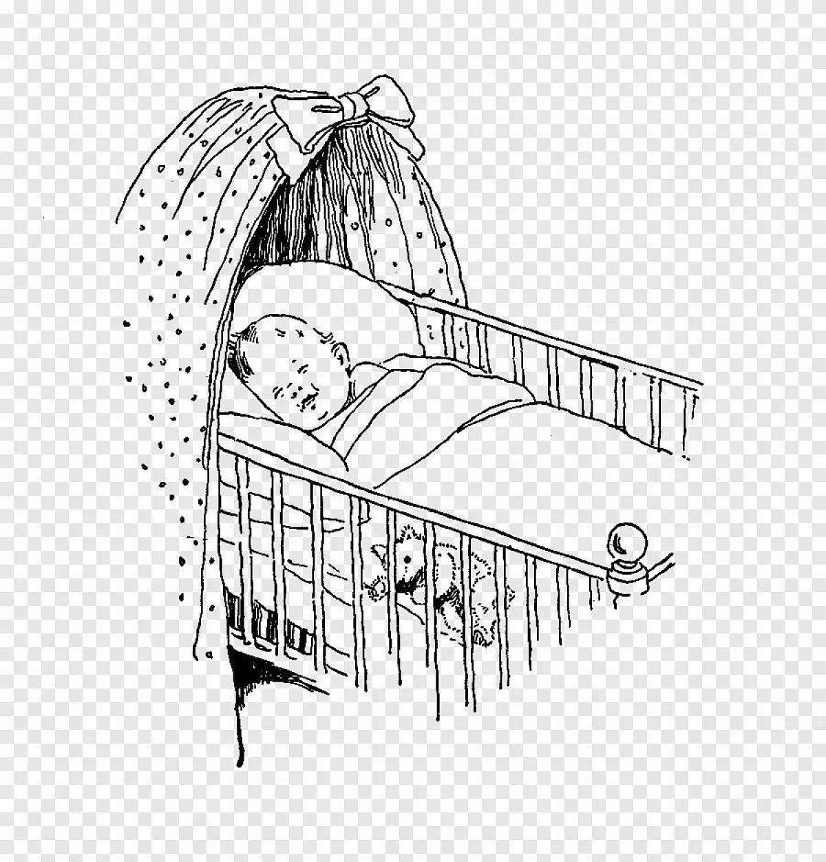 Стоя в люльке. Раскраска младенец в кроватке. Раскраска малыш в кроватке. Колыбель рисунок. Колыбельная рисунок.