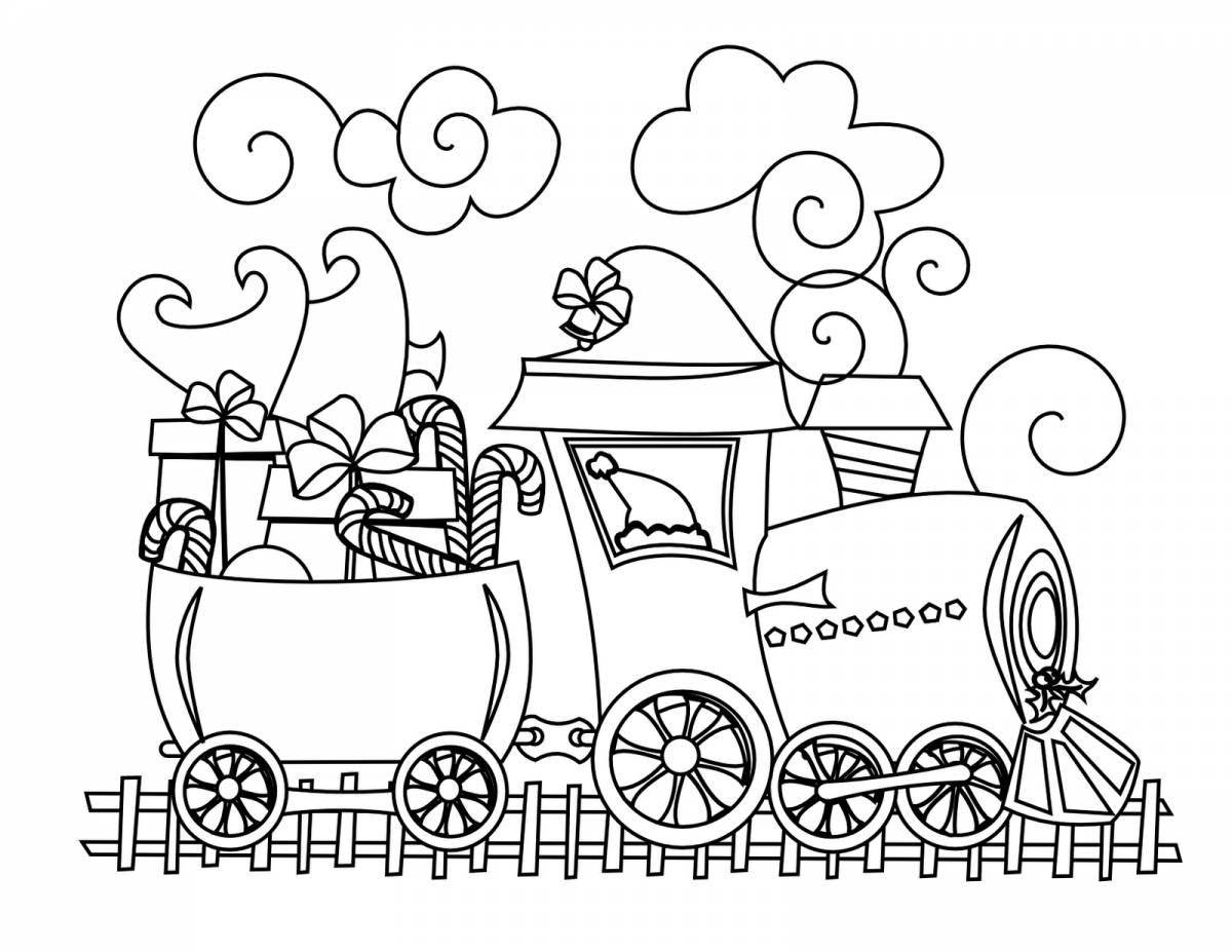 Coloring page for children's train with colorful splashes